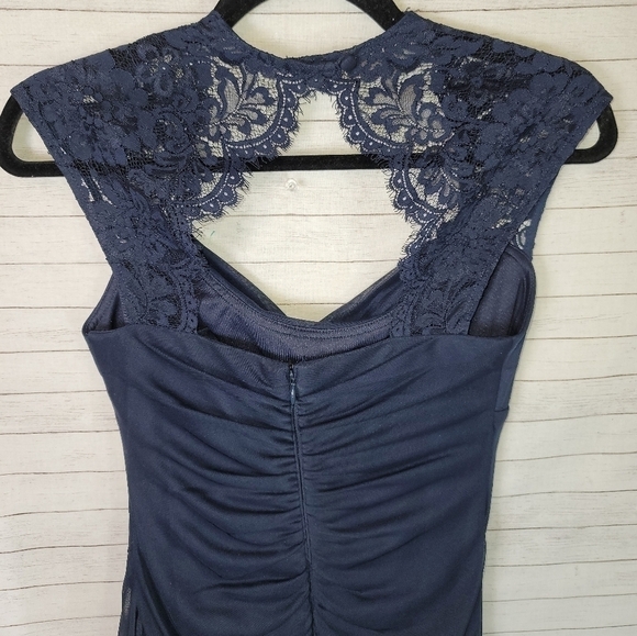 XSCAPE BY JOANNA CHEN NAVY LACE CAP SLEEVE SATIN DRESS, SZ 2 - Picture 9 of 11